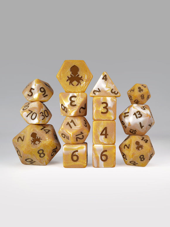 Kraken Dice Caramel Latte 14pc Matte Dice Set Inked in Brown - Bards & Cards