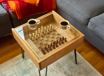 Rustic Chess and Checkers Table with removable glass top - chess and checkers pieces included - Bards & Cards