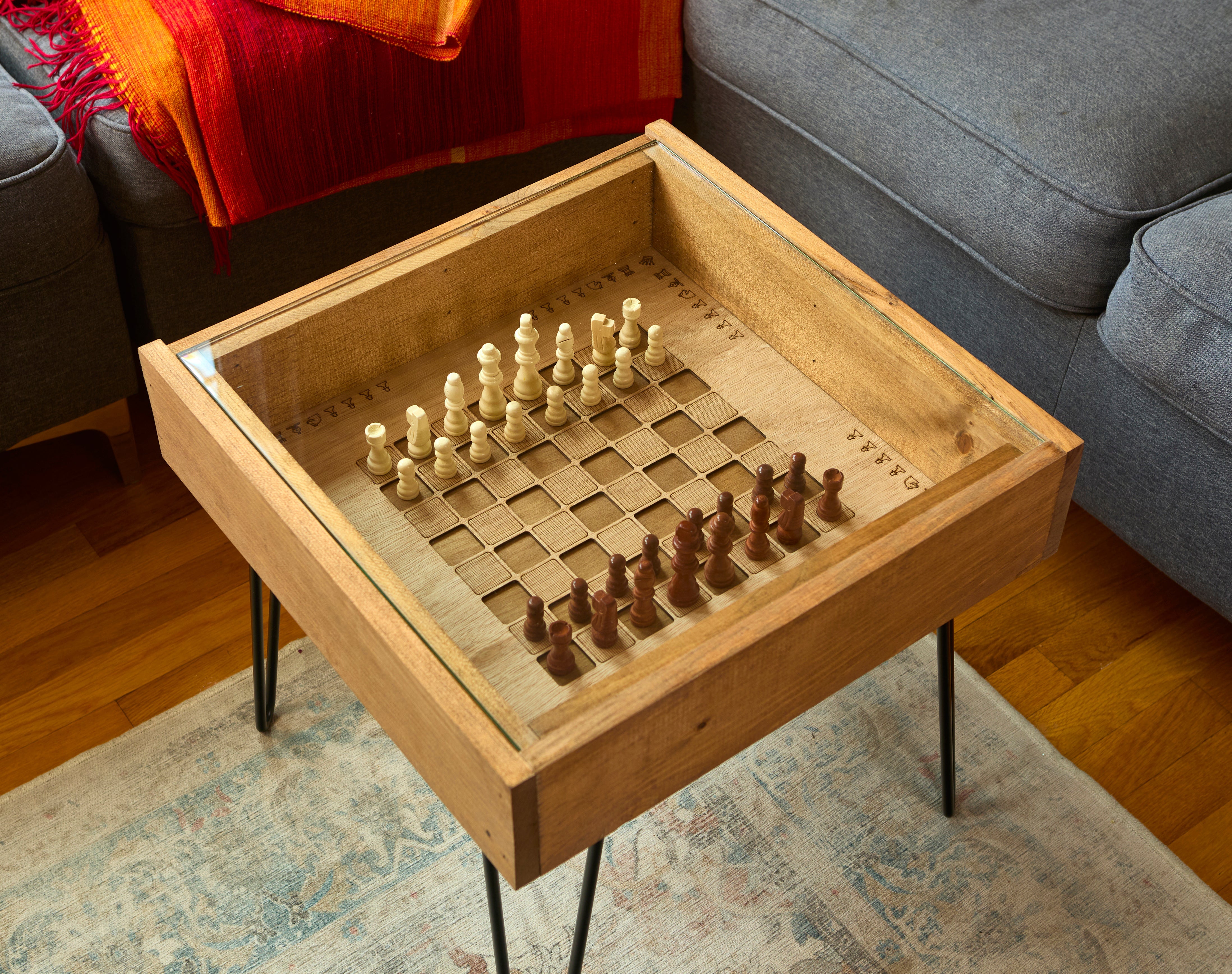 Rustic Chess and Checkers Table with removable glass top - chess and checkers pieces included