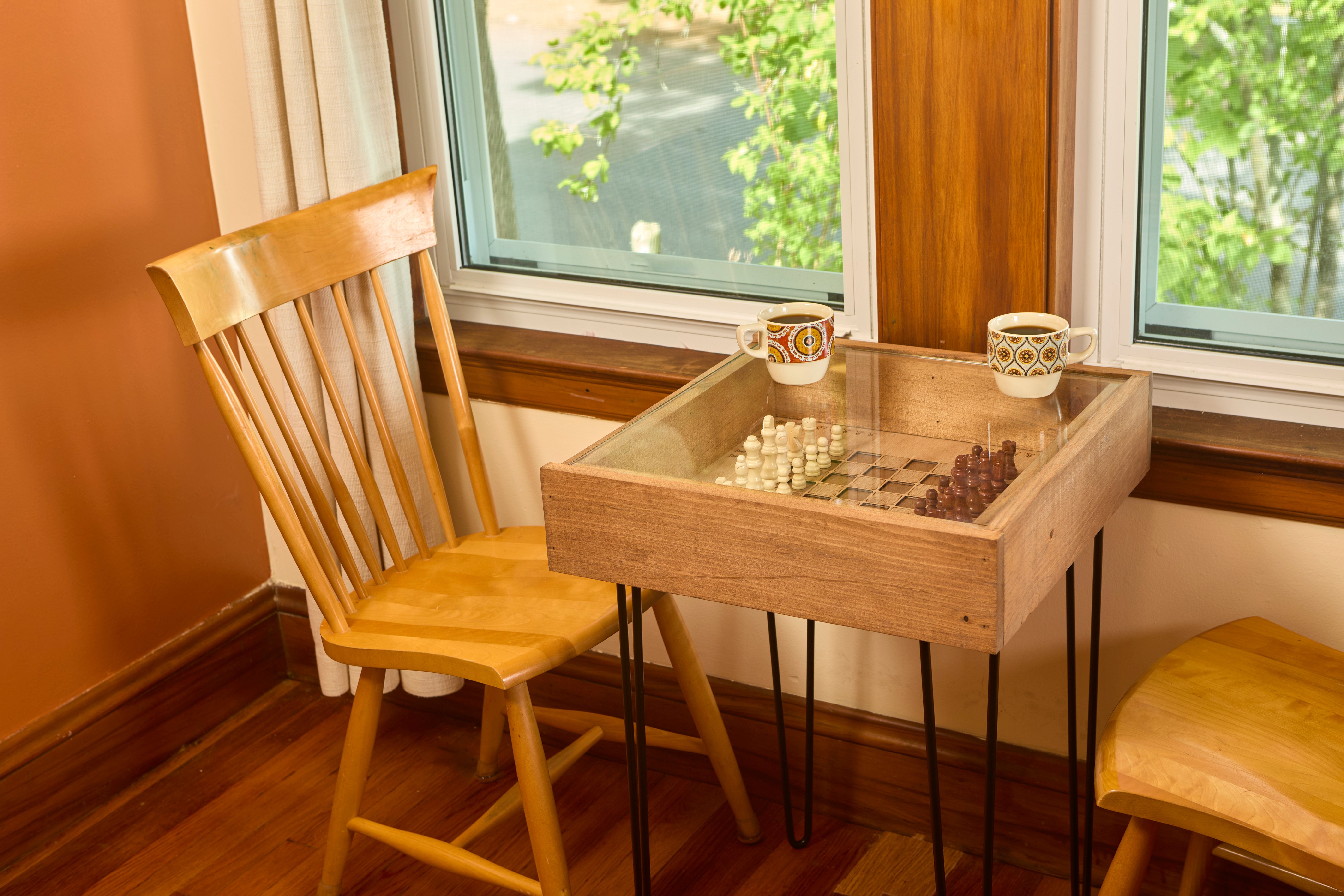 Rustic Chess and Checkers Table with removable glass top - chess and checkers pieces included