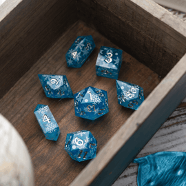 Christmas Blue Snowflake Handmade Resin DND Dice Set - Bards & Cards