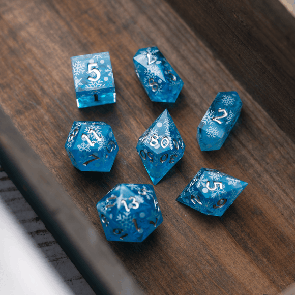 Christmas Blue Snowflake Handmade Resin DND Dice Set - Bards & Cards