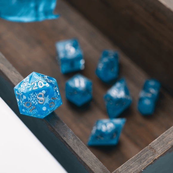 Christmas Blue Snowflake Handmade Resin DND Dice Set - Bards & Cards