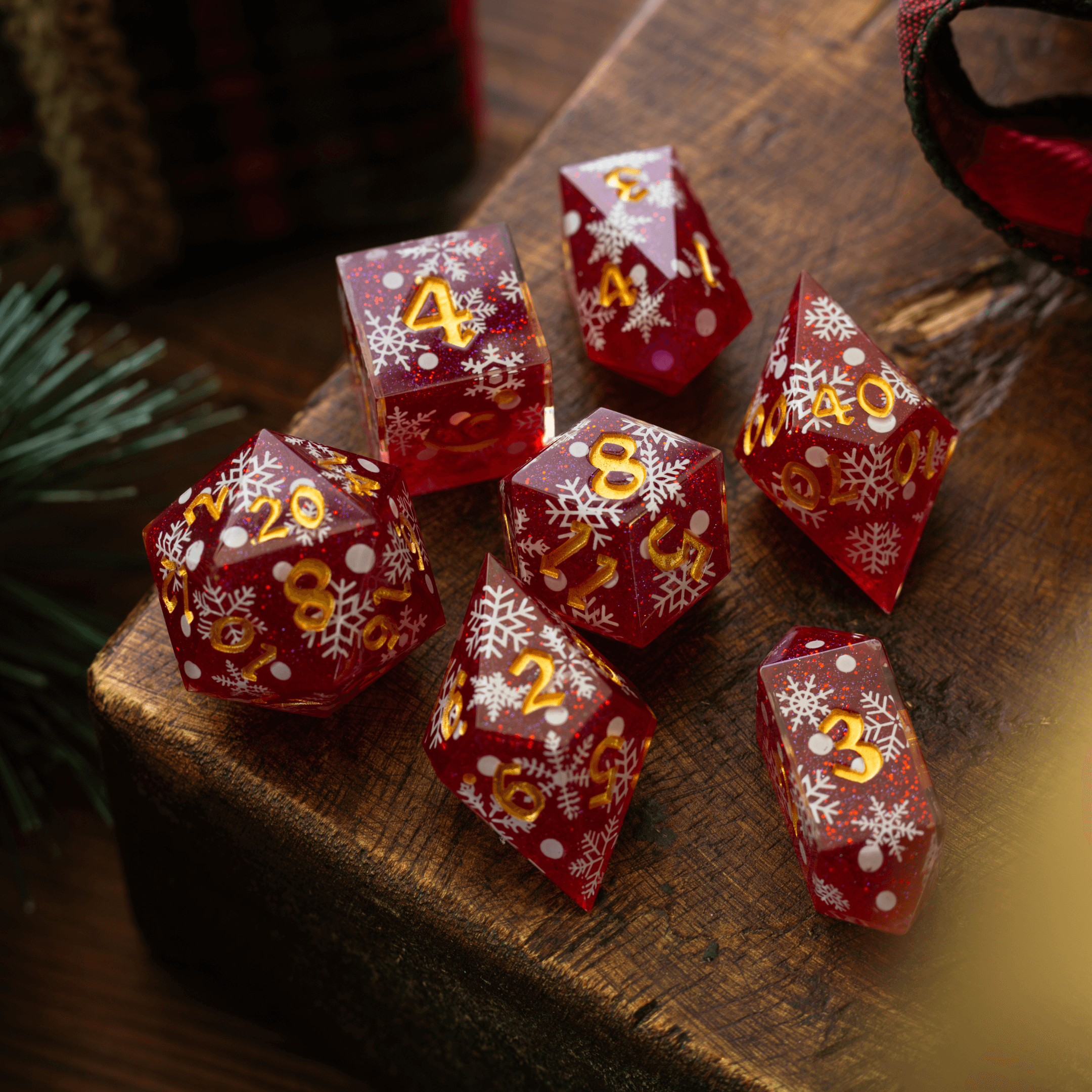 Christmas Red Snowflake Handmade Resin DND Dice Set - 0