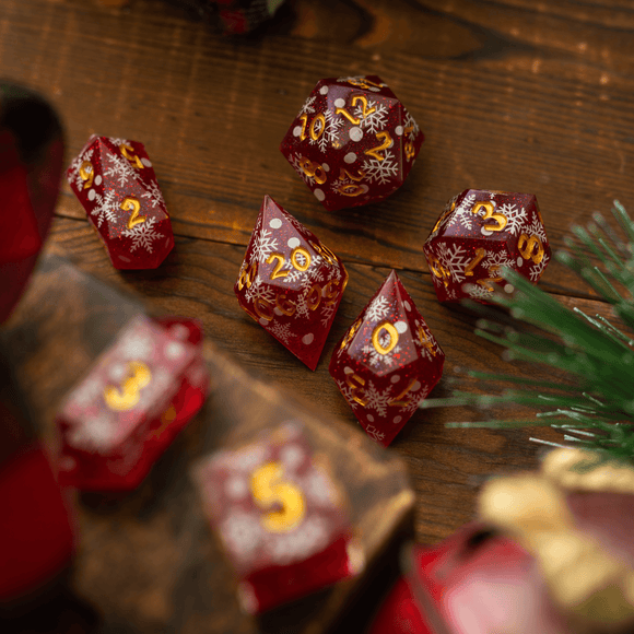 Christmas Red Snowflake Handmade Resin DND Dice Set - Bards & Cards