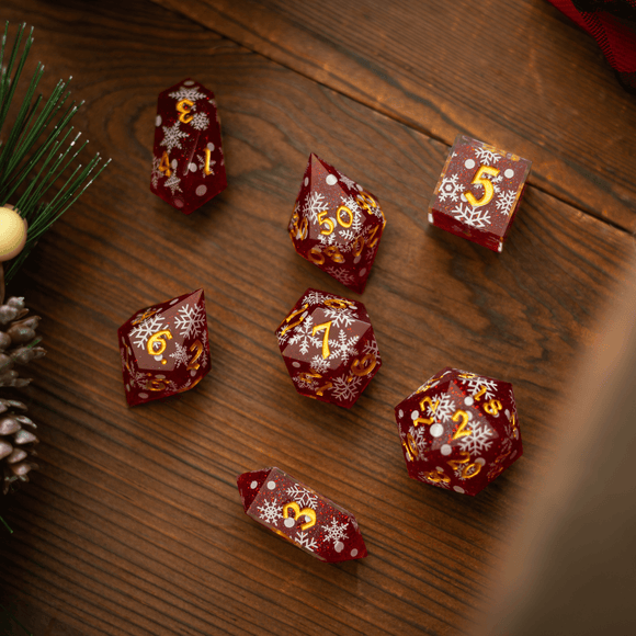 Christmas Red Snowflake Handmade Resin DND Dice Set - Bards & Cards