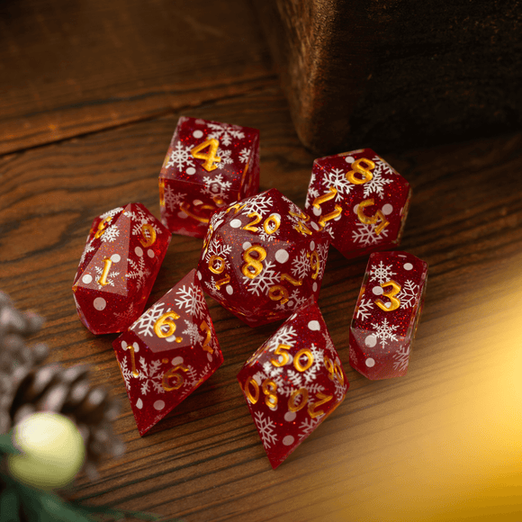 Christmas Red Snowflake Handmade Resin DND Dice Set - Bards & Cards