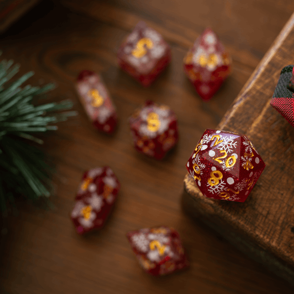 Christmas Red Snowflake Handmade Resin DND Dice Set - Bards & Cards
