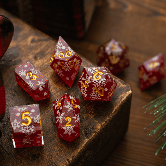 Christmas Red Snowflake Handmade Resin DND Dice Set - Bards & Cards