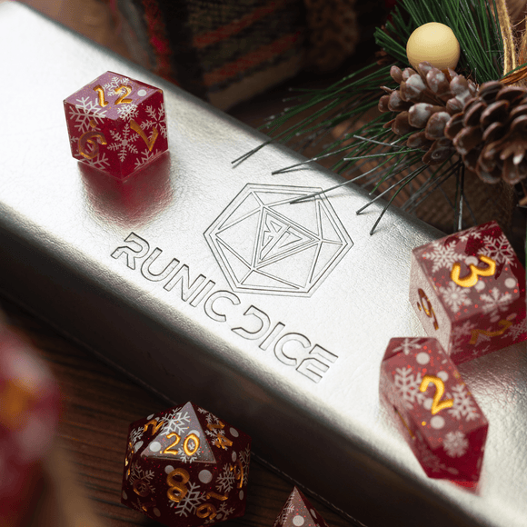 Christmas Red Snowflake Handmade Resin DND Dice Set - Bards & Cards
