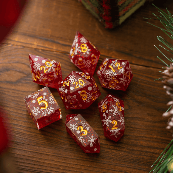 Christmas Red Snowflake Handmade Resin DND Dice Set - Bards & Cards