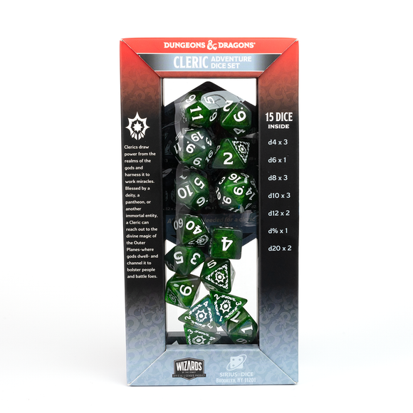 D&D Adventure Dice Set - Cleric Edition | Green 15pc Collection - Bards & Cards