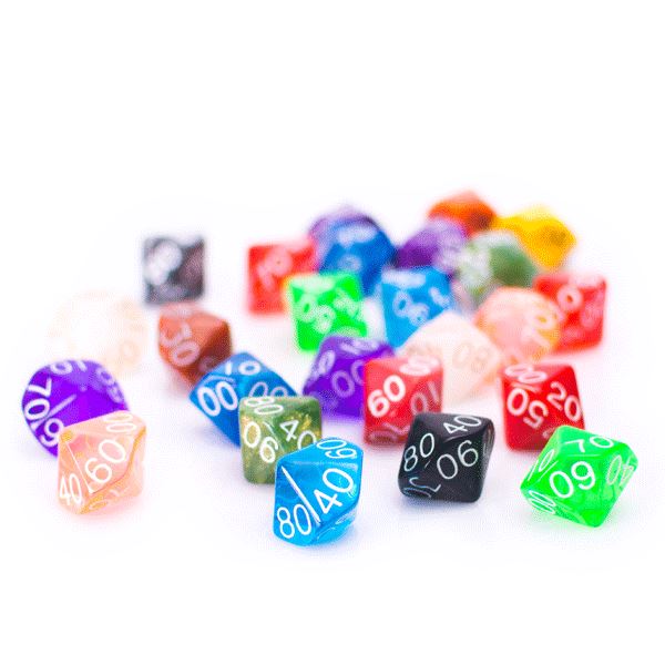 25 Count Assorted Pack of 10 Sided Percentile Dice - Multi Colored Assortment of D100 Polyhedral Dice - Bards & Cards