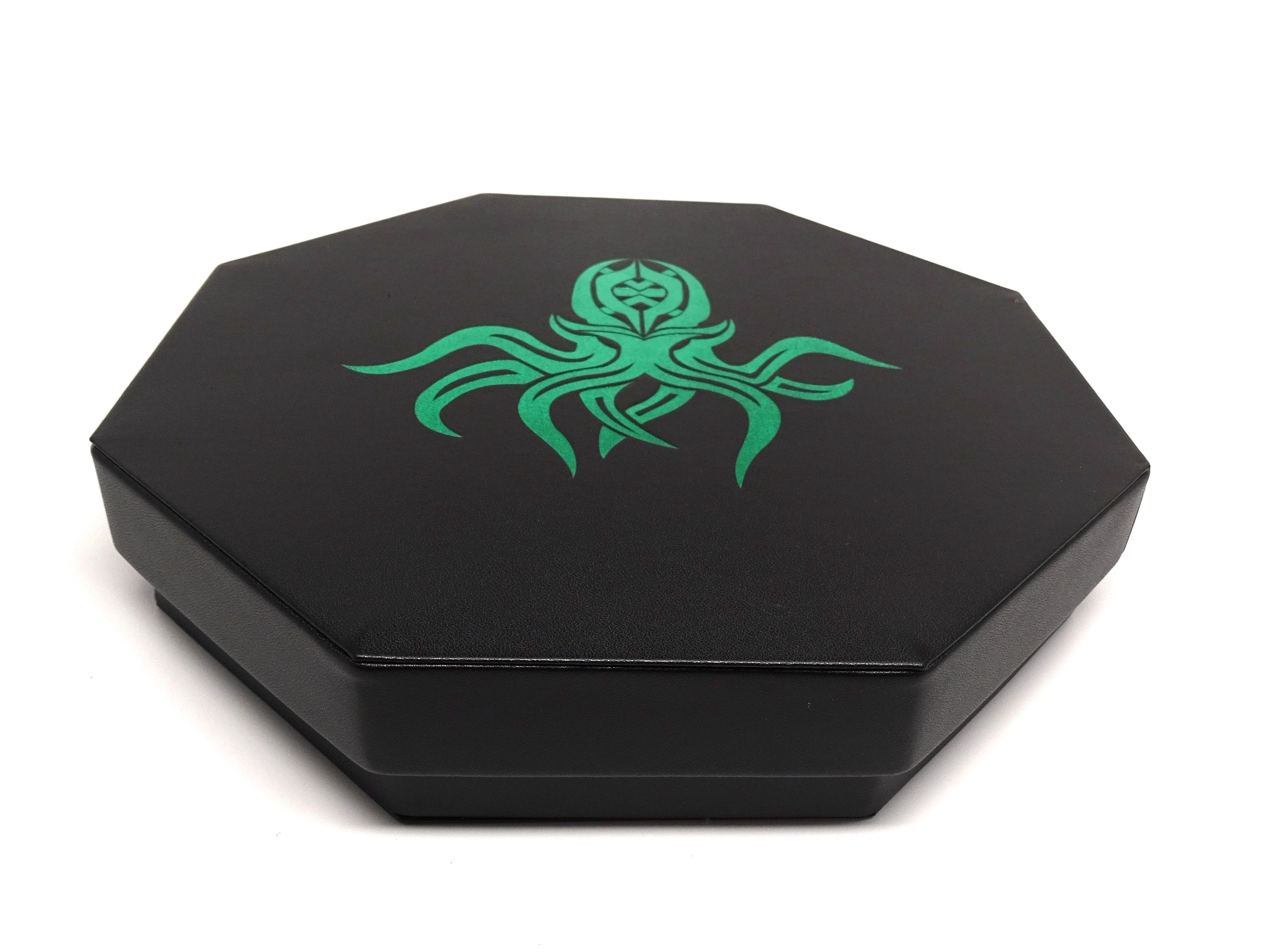 Green Cthulhu Dice Tray With Dice Staging Area and Lid - Bards & Cards