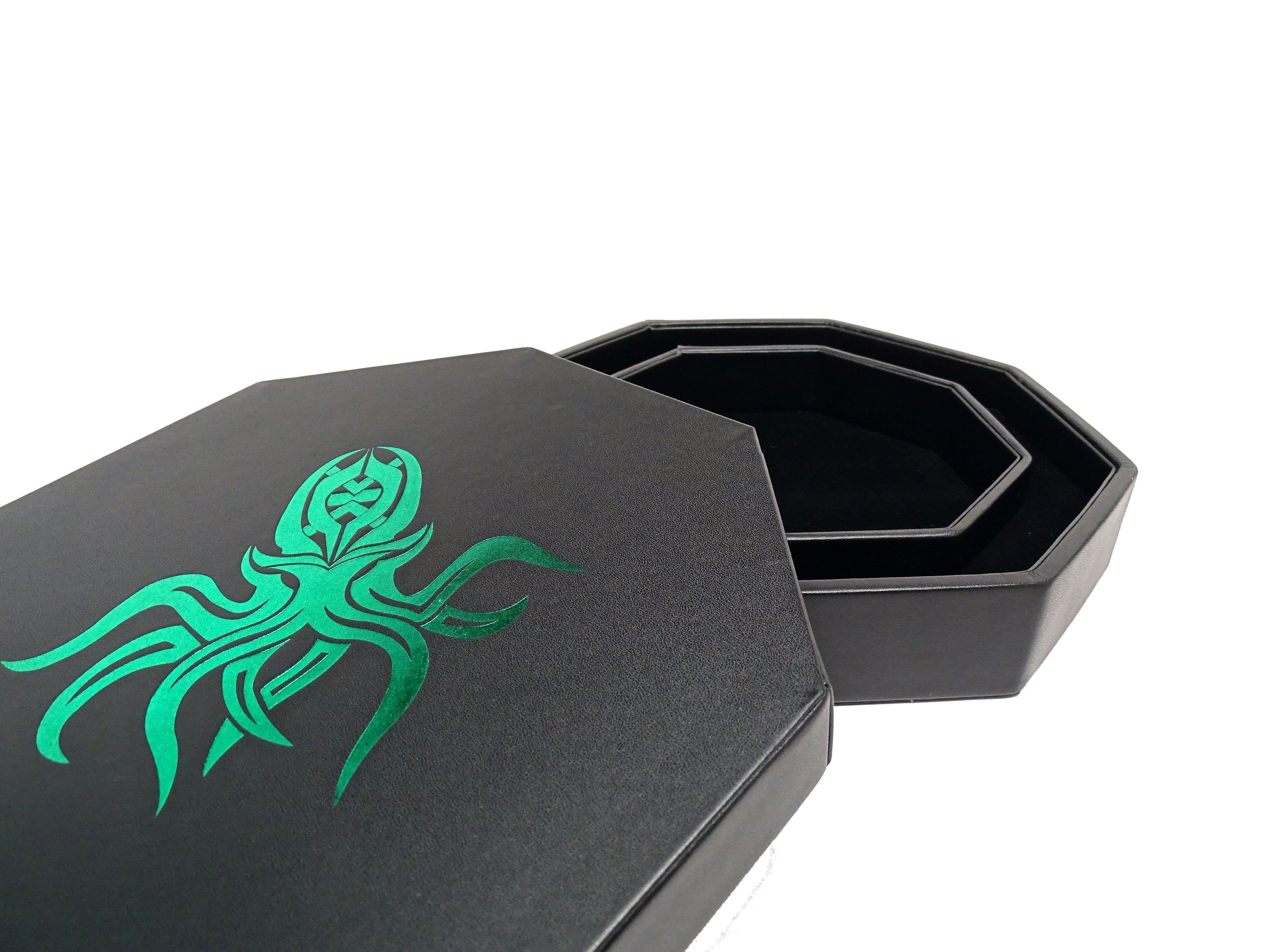 Green Cthulhu Dice Tray With Dice Staging Area and Lid - Bards & Cards