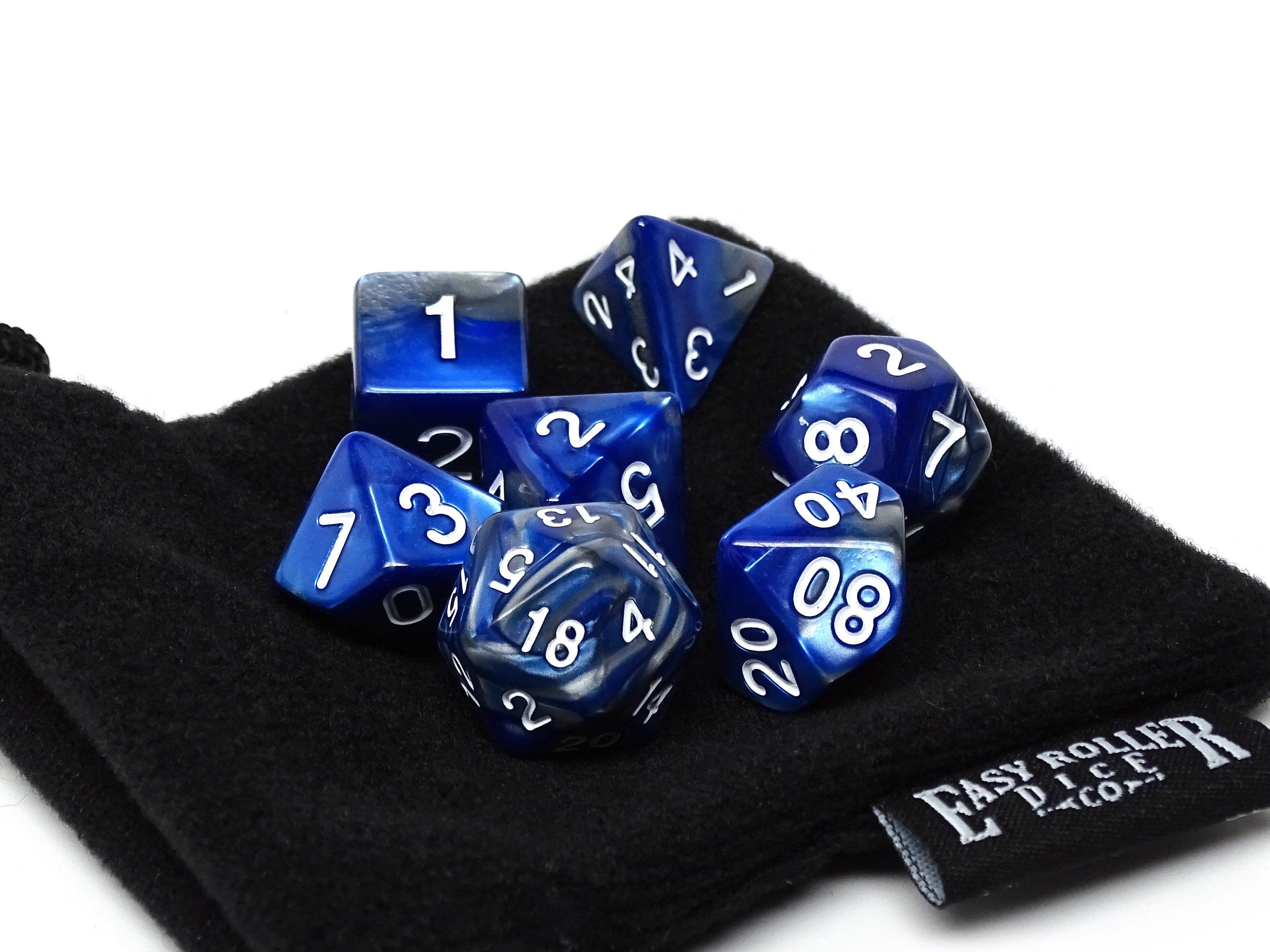 Blue and Silver Granite Dice Collection - 7 Piece Set - Bards & Cards