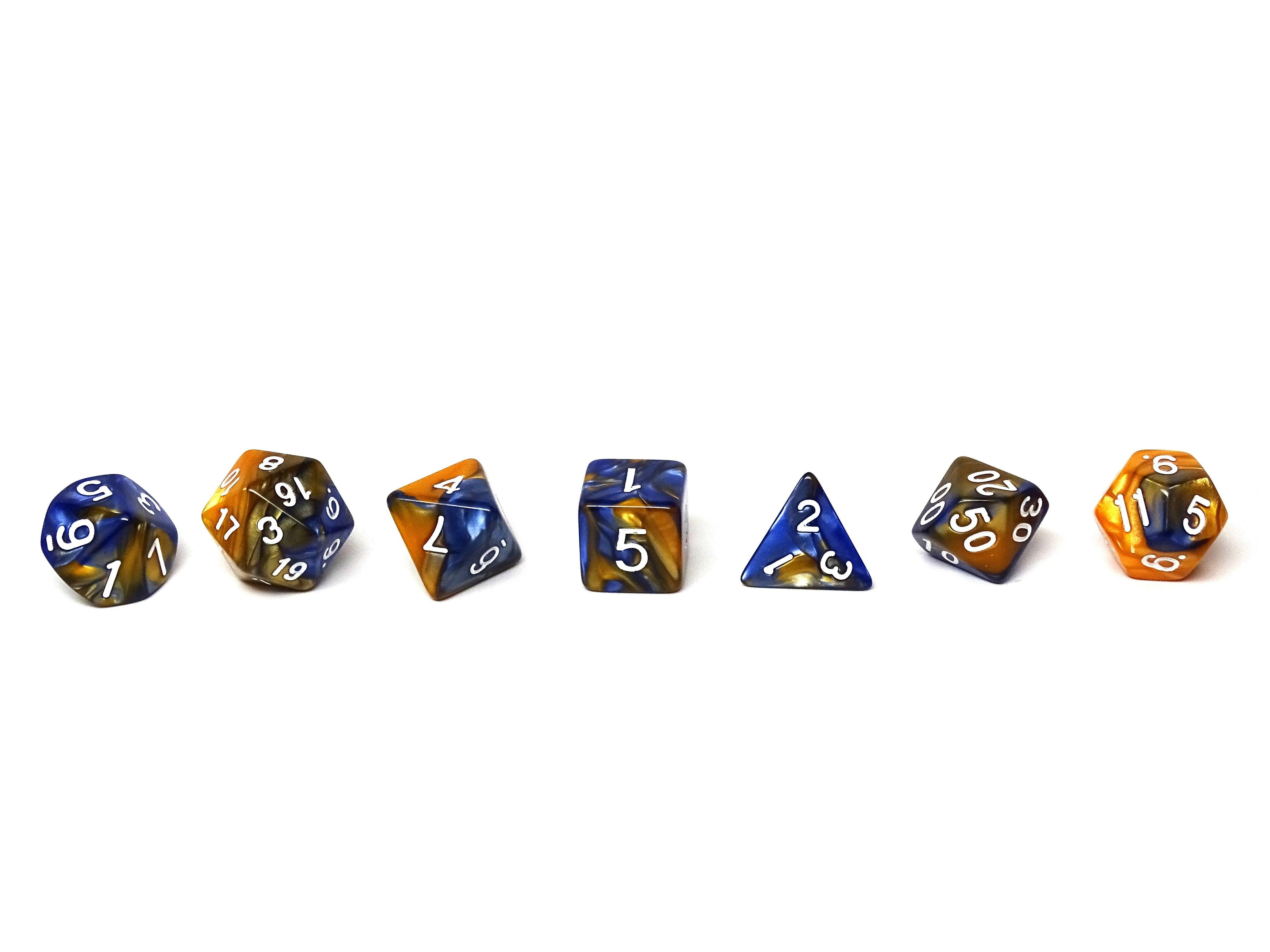 Blue and Amber Granite Dice Collection - 7 Piece Set - Bards & Cards