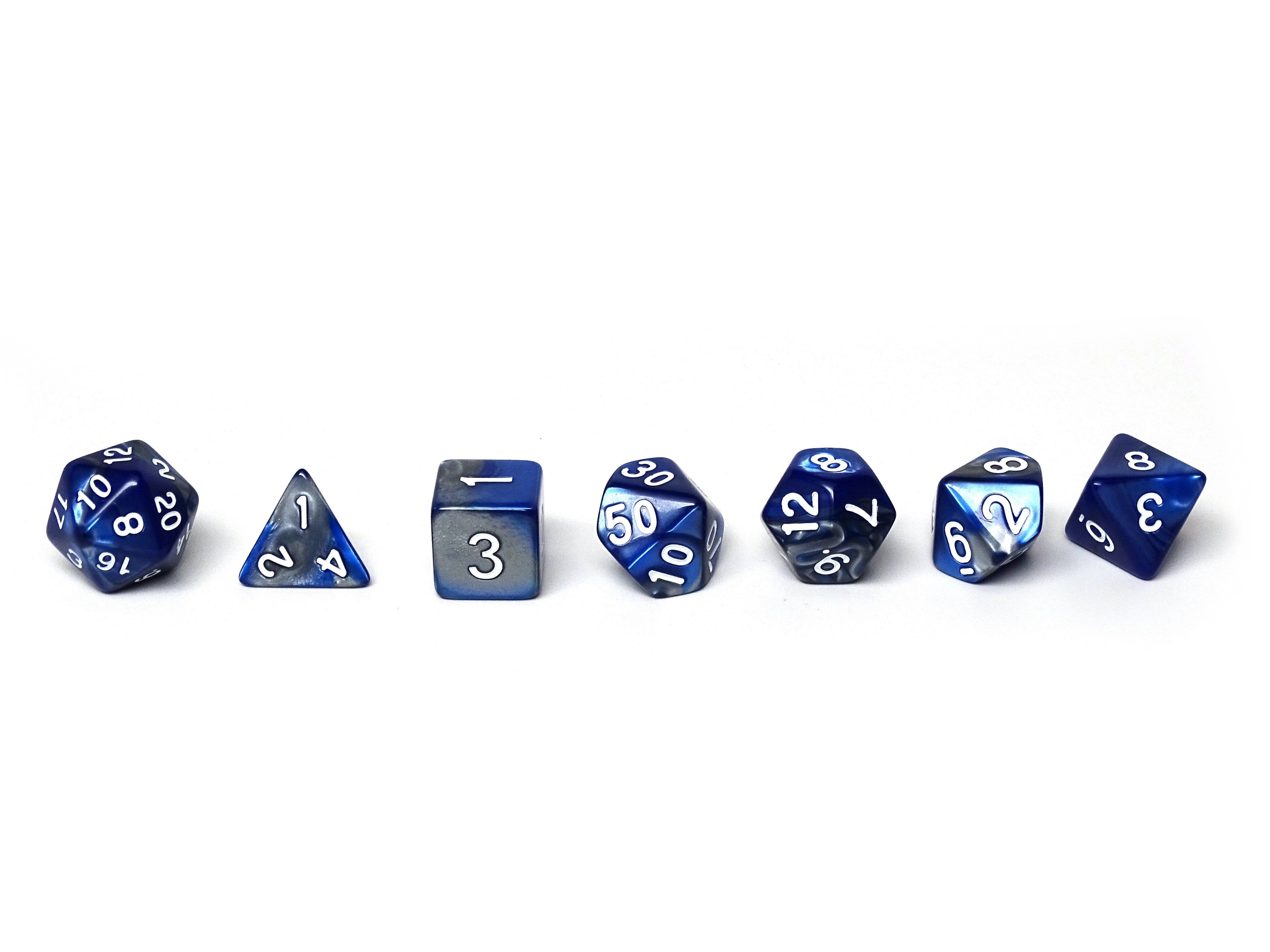 Blue and Silver Granite Dice Collection - 7 Piece Set - Bards & Cards