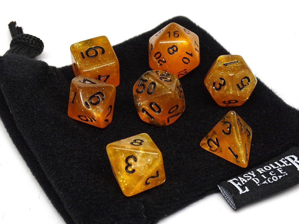 Translucent Amber Galaxy - 7 Piece Dice Collection - Bards & Cards