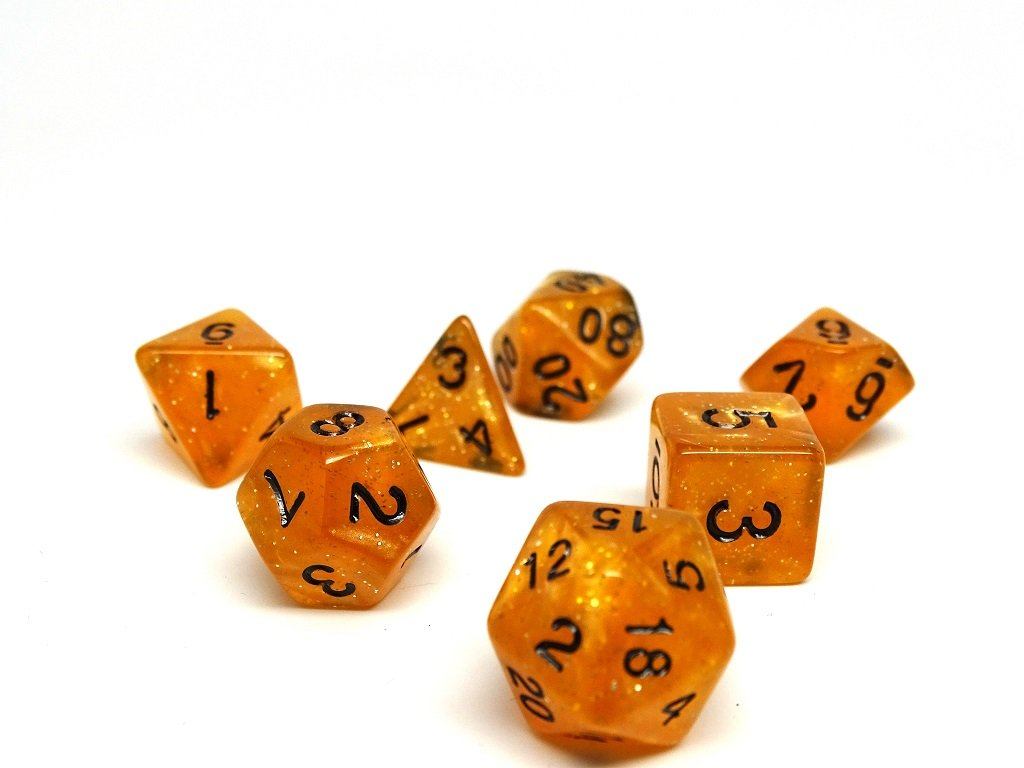 Translucent Amber Galaxy - 7 Piece Dice Collection - Bards & Cards