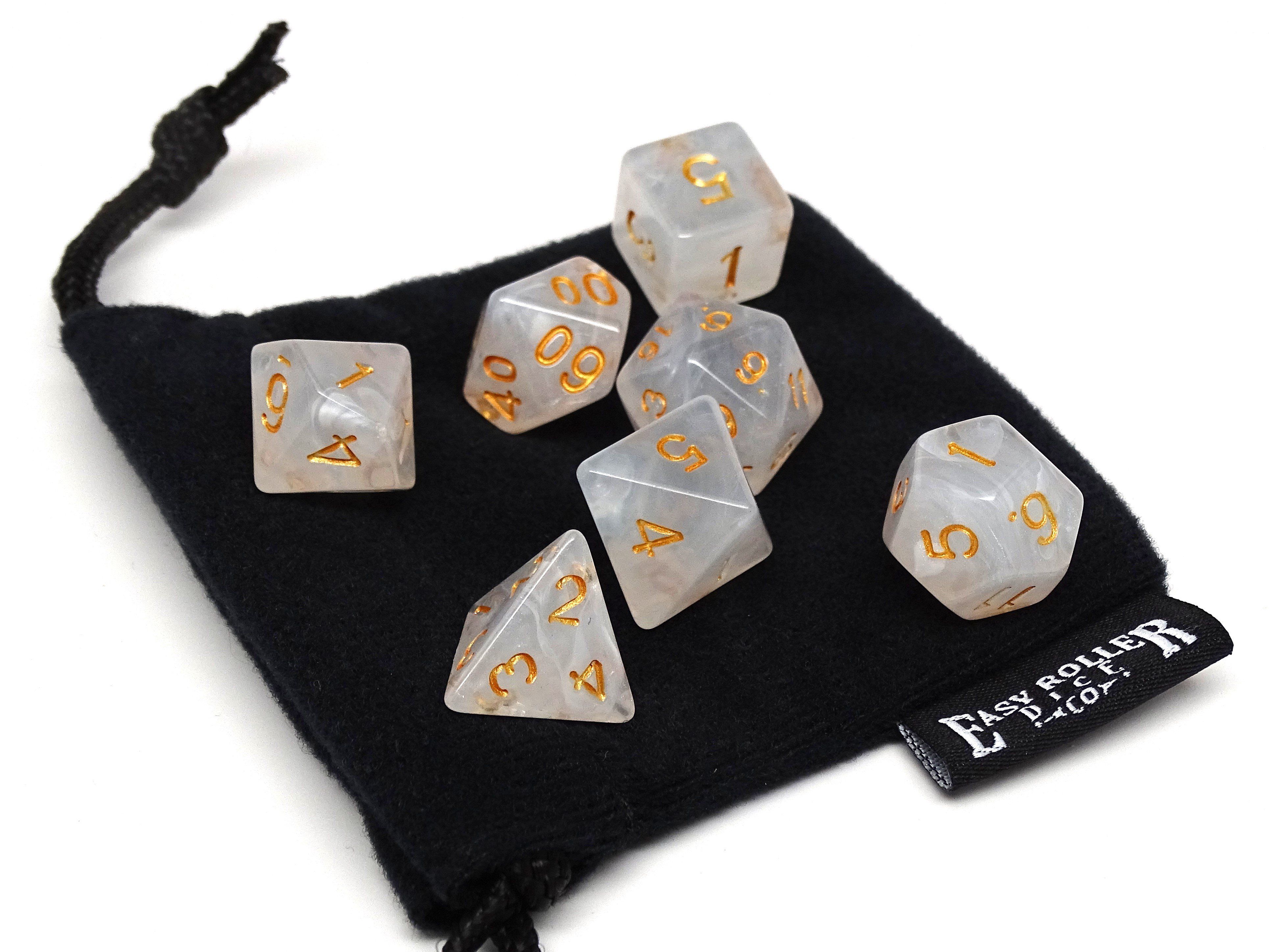 Translucent Ivory Dice - 7 Piece Set With Bag - Bards & Cards