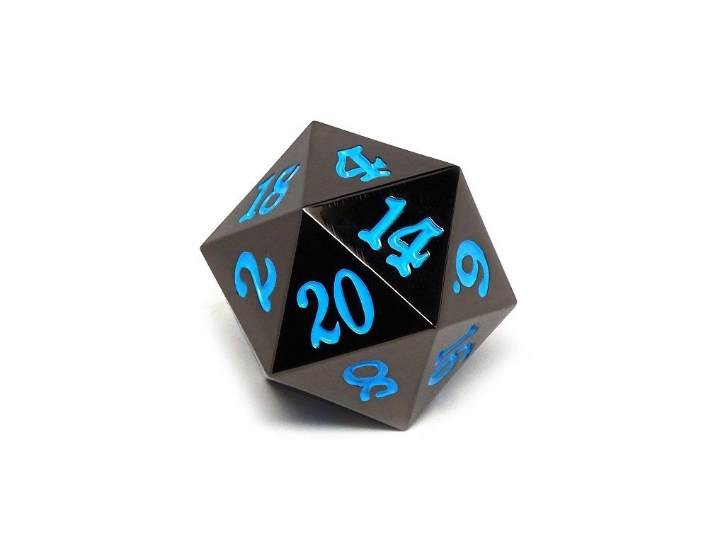 35mm Over Sized Gunmetal Powder Blue D20 Dice - Single Die - Bards & Cards