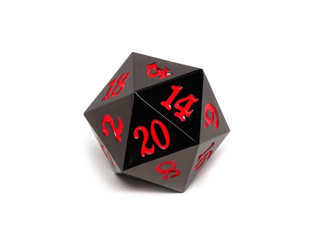 35mm Over Sized Gunmetal Red D20 Dice - Single Die - Bards & Cards