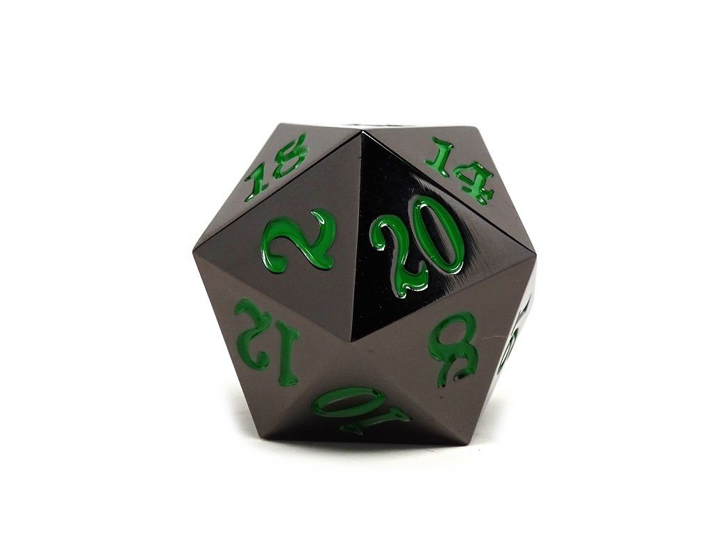 35mm Over Sized Gunmetal Green D20 Dice - Bards & Cards