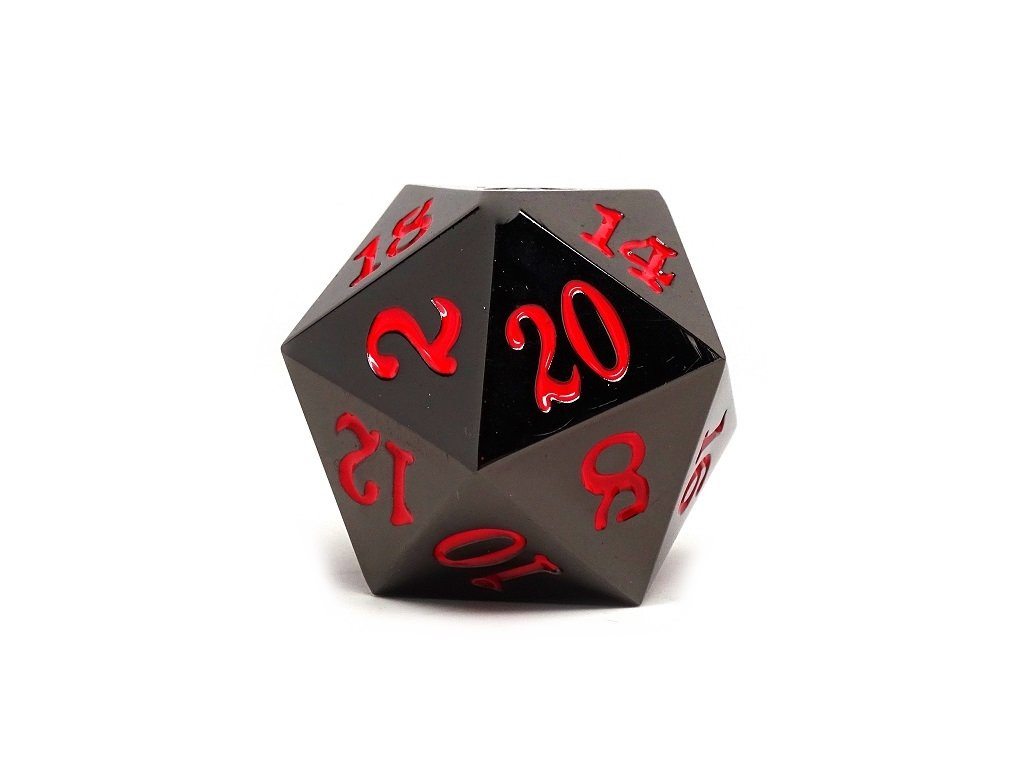 35mm Over Sized Gunmetal Red D20 Dice - Single Die - Bards & Cards