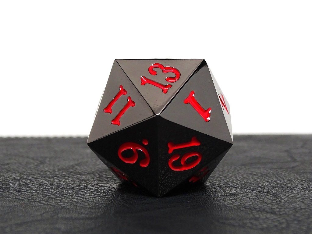 35mm Over Sized Gunmetal Red D20 Dice - Single Die - Bards & Cards