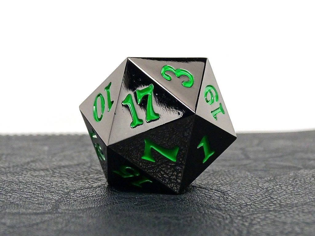 35mm Over Sized Gunmetal Green D20 Dice - Bards & Cards