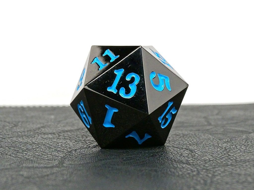 35mm Over Sized Gunmetal Powder Blue D20 Dice - Single Die - Bards & Cards