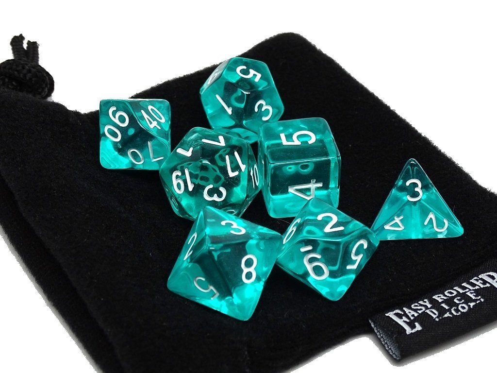 Teal Translucent Dice - 7 Piece Set - Bards & Cards