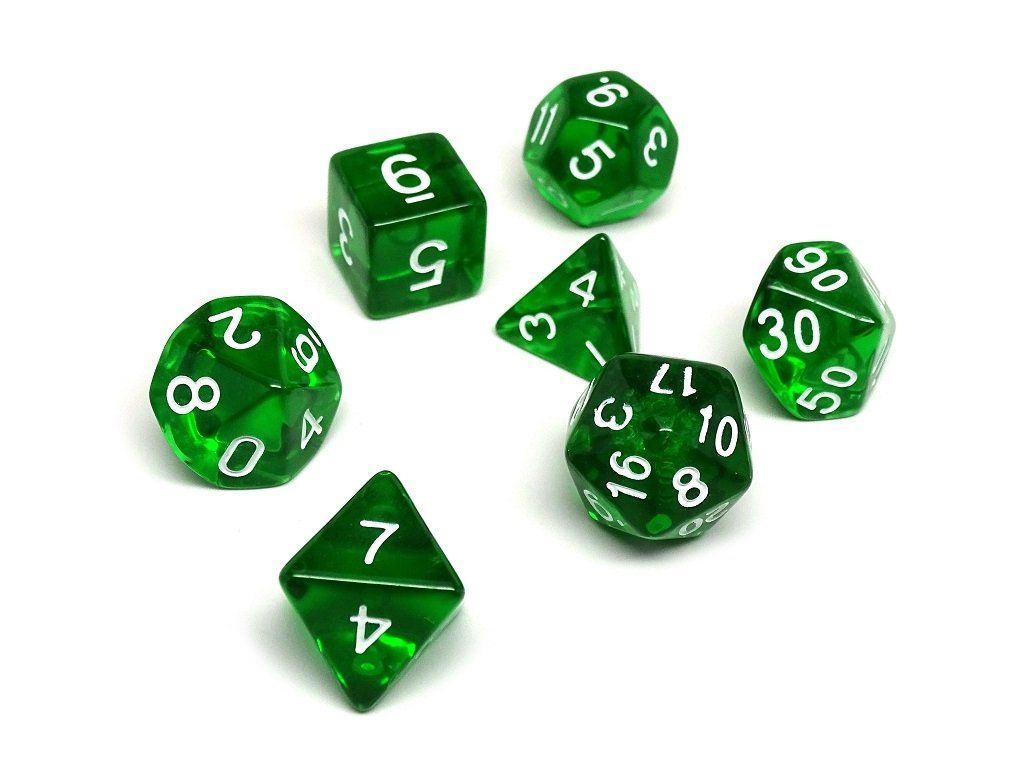 Emerald Green Translucent Dice - 7 Piece Set - Bards & Cards