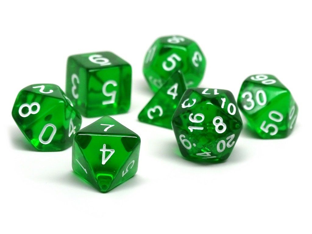 Emerald Green Translucent Dice - 7 Piece Set - Bards & Cards