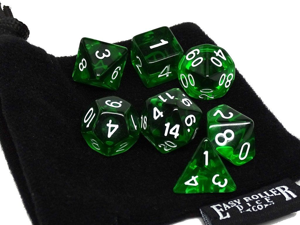 Emerald Green Translucent Dice - 7 Piece Set - Bards & Cards