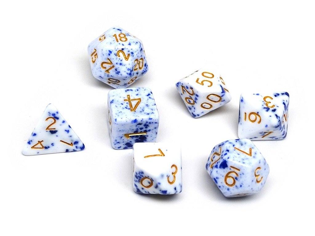 Blue and White Speckle Dice Collection - 7 Piece Set - Bards & Cards