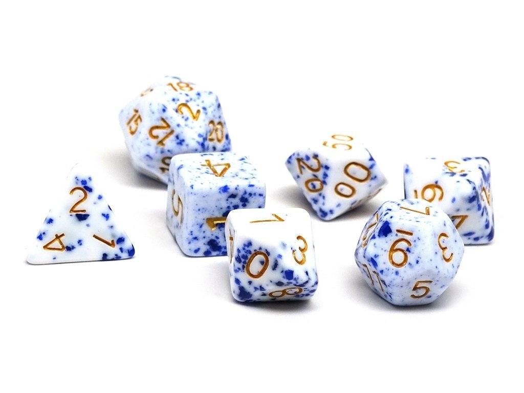 Blue and White Speckle Dice Collection - 7 Piece Set - Bards & Cards