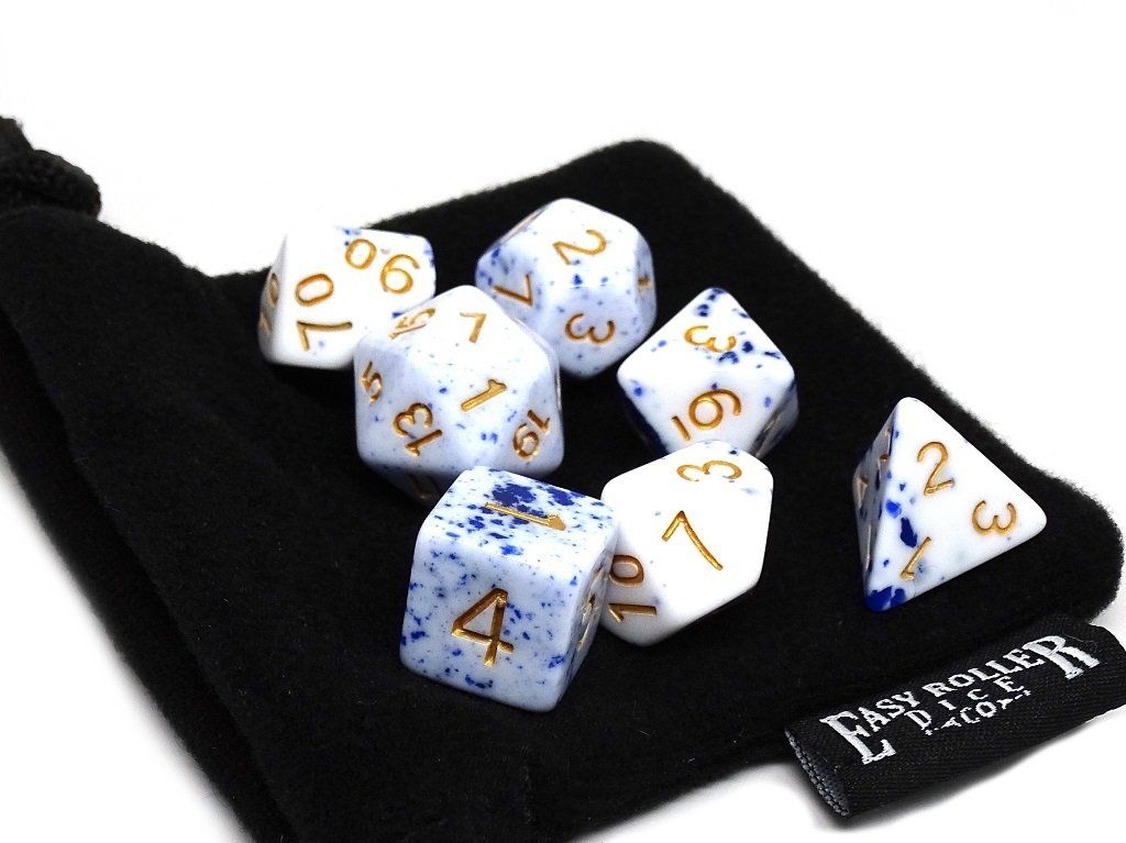 Blue and White Speckle Dice Collection - 7 Piece Set - Bards & Cards