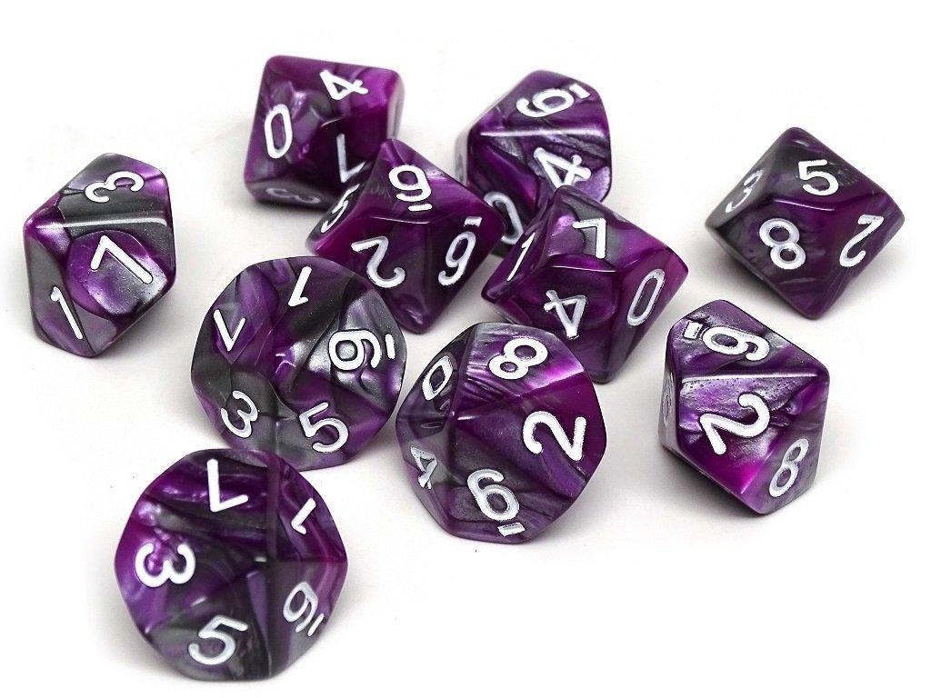 D10 Pack - Ten Count Pack of Purple and Grey Granite 10 Sided Dice - Bards & Cards