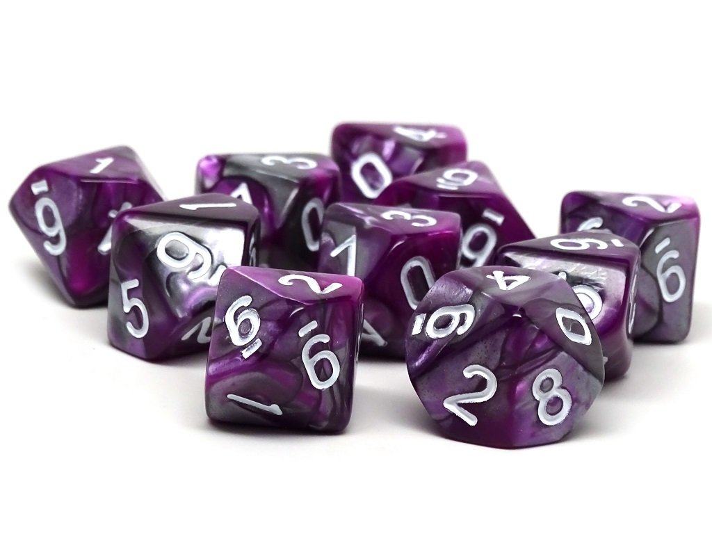 D10 Pack - Ten Count Pack of Purple and Grey Granite 10 Sided Dice - Bards & Cards