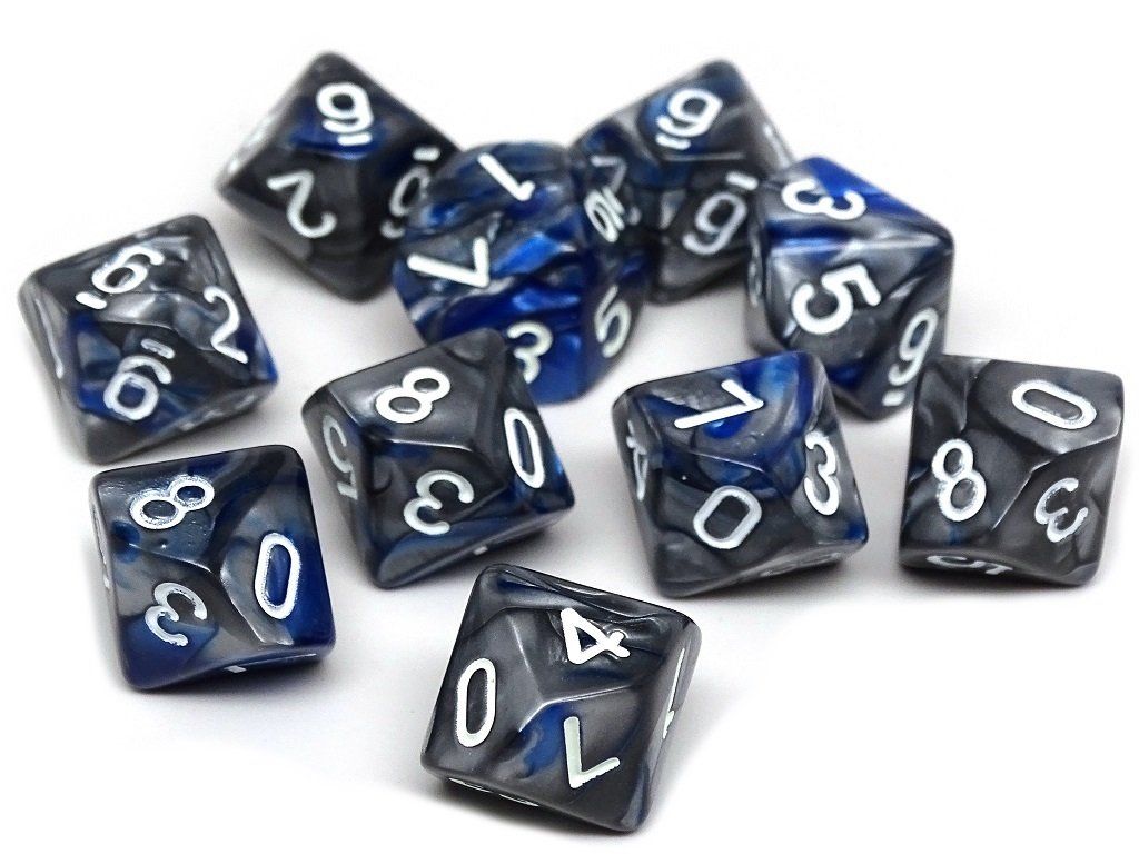 D10 Pack - Ten Count Pack of Blue and Silver Granite 10 Sided Dice - Bards & Cards