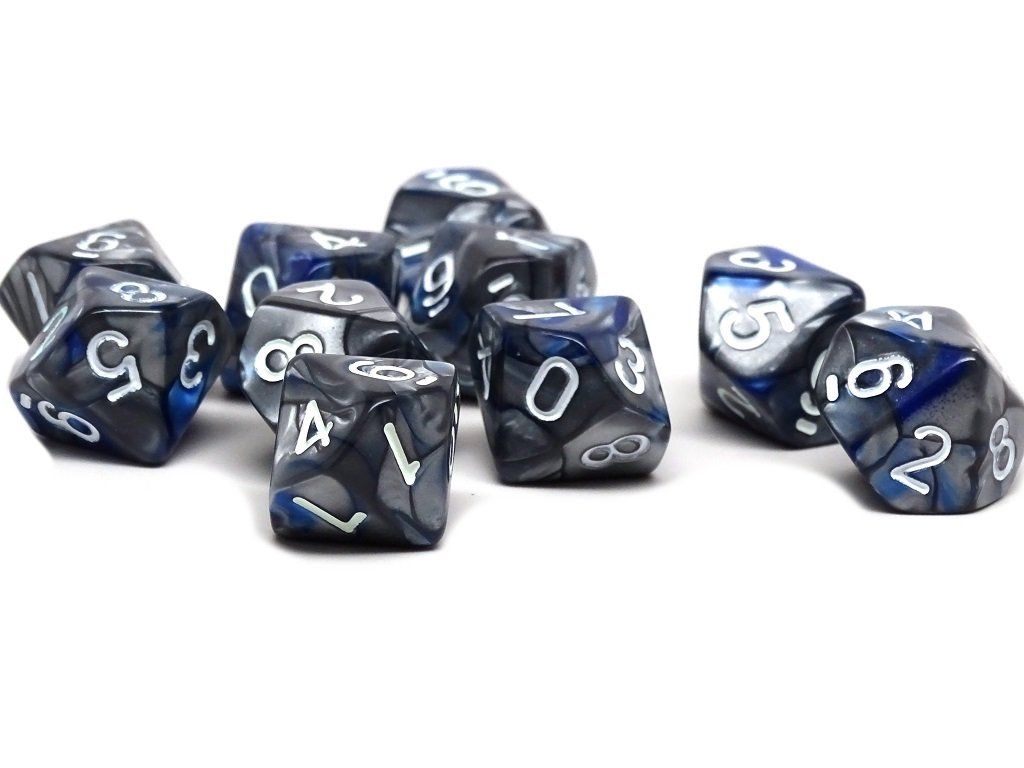 D10 Pack - Ten Count Pack of Blue and Silver Granite 10 Sided Dice - Bards & Cards