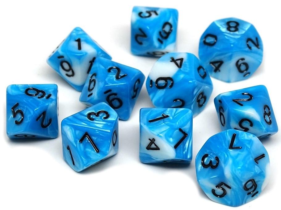 D10 Pack - Ten Count Pack of Cyan and White Swirl 10 Sided Dice - Bards & Cards