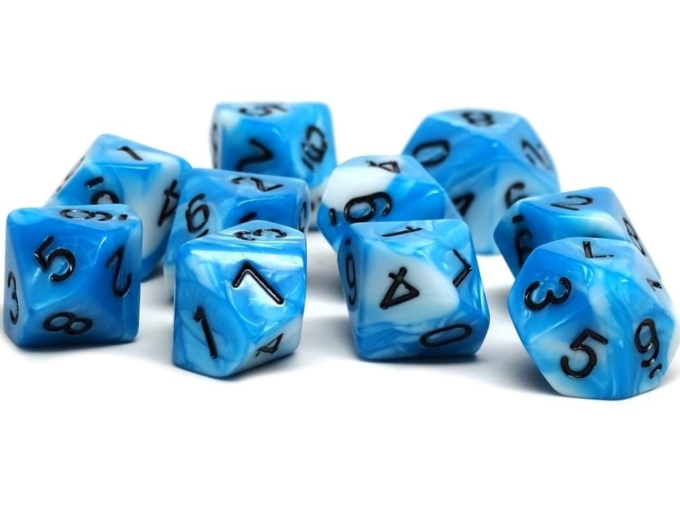 D10 Pack - Ten Count Pack of Cyan and White Swirl 10 Sided Dice - Bards & Cards