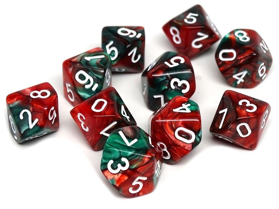 D10 Pack - Ten Count Pack of Green and Red Swirl 10 Sided Dice - Bards & Cards