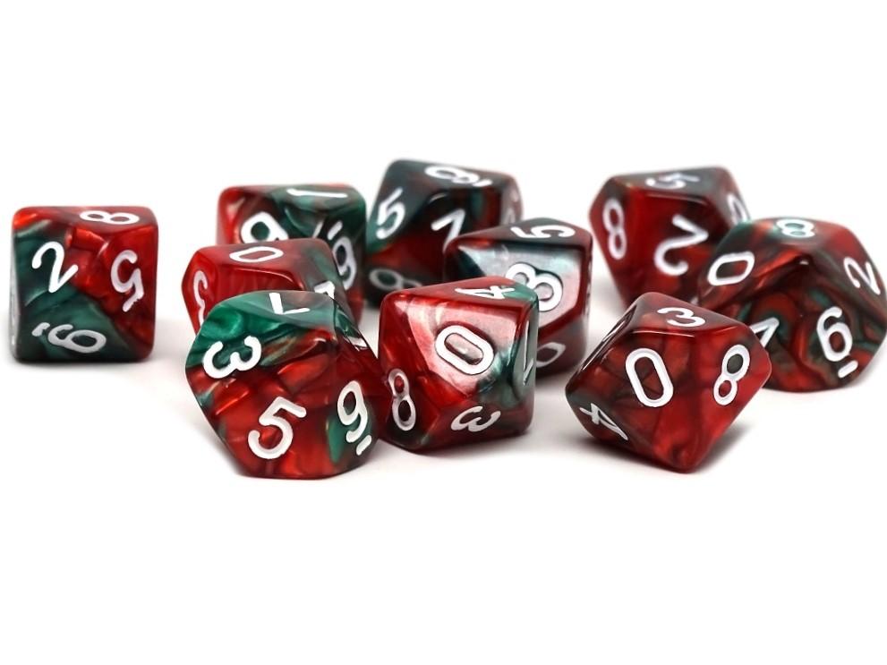 D10 Pack - Ten Count Pack of Green and Red Swirl 10 Sided Dice - Bards & Cards