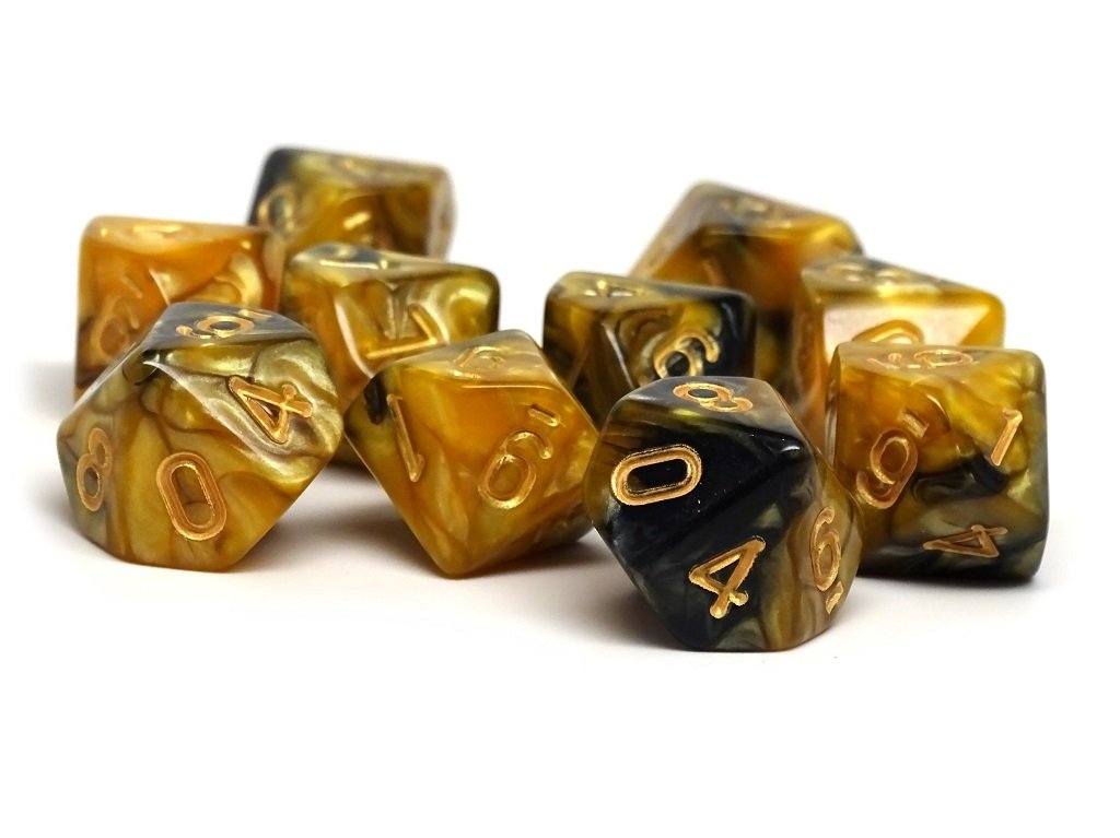 D10 Pack - Ten Count Pack of Yellow and Black Granite 10 Sided Dice - Bards & Cards