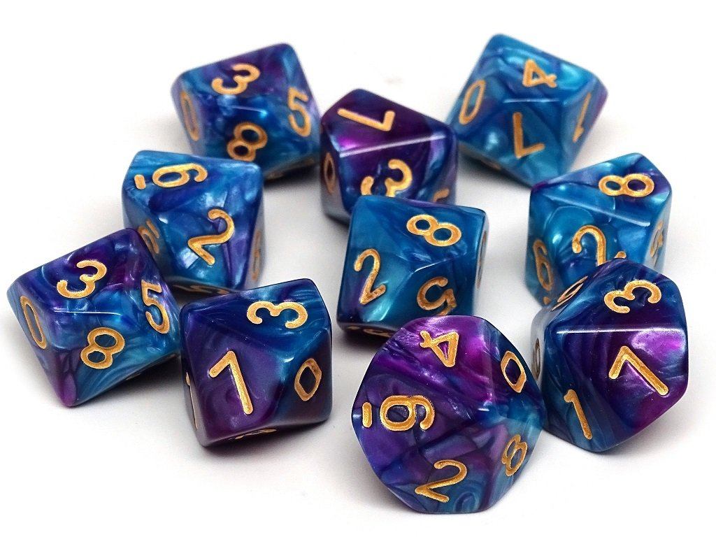 D10 Pack - Ten Count Pack of Turquoise and Magenta Swirl 10 Sided Dice - Bards & Cards