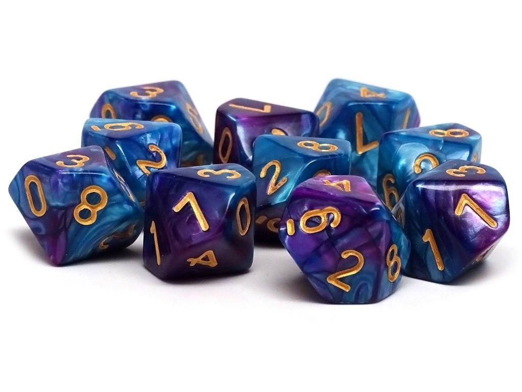 D10 Pack - Ten Count Pack of Turquoise and Magenta Swirl 10 Sided Dice - Bards & Cards